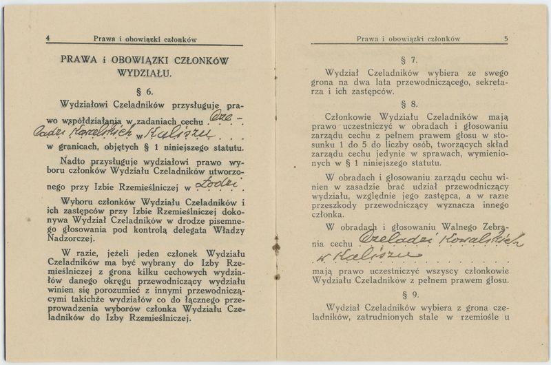 Statut Wydziału Czeladników przy cechu Mistrzów Kowali w Kaliszu