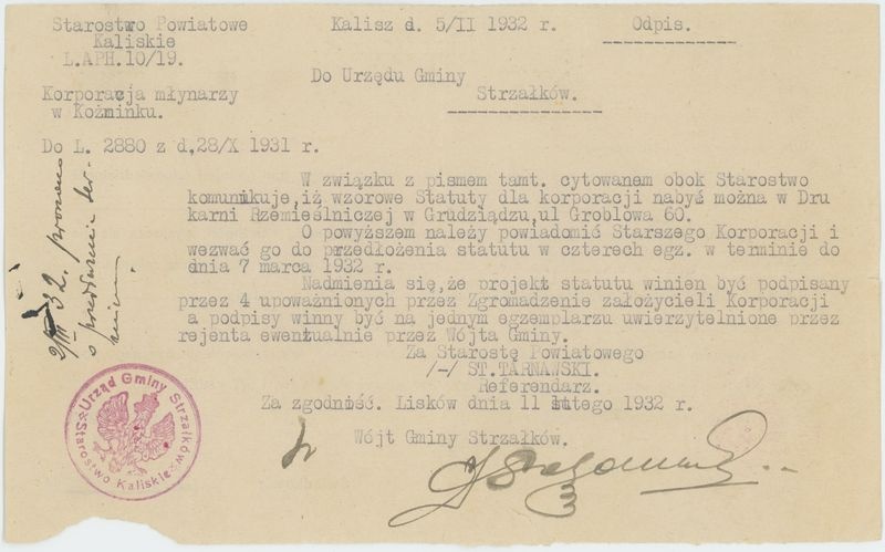 Statut Korporacji Młynarzy w Koźminku