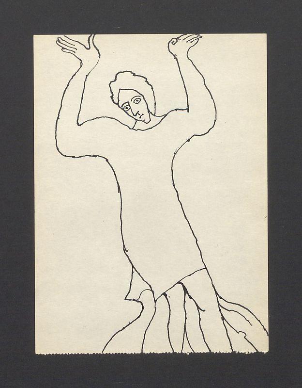 Postać ze wzniesionymi rękami, dwie postacie