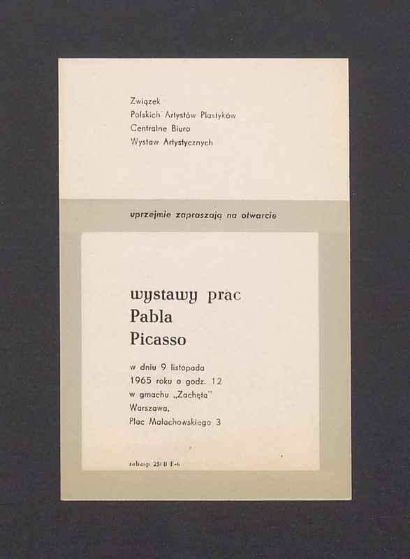 Zaproszenie na otwarcie wystawy prac Pabla Picasso