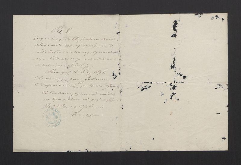 Upoważnienie skierowane do Starszych Zgromadzenia Bednarskiego w Stawiszynie do wypłaty 6 rubli wdowie Juliannie Napruszewskiej na pokrycie kosztów pogrzebu męża