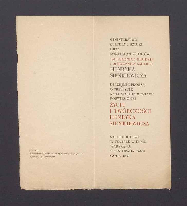 Zaproszenie na otwarcie wystawy poświęconej życiu i twórczości Henryka Sienkiewicza