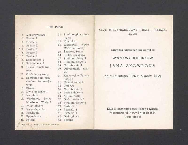 Zaproszenie na wernisaż wystawy rysunków Jana Skowrona