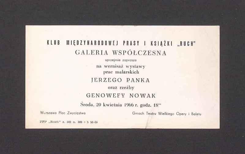 Zaproszenie na wernisaż wystawy prac malarskich Jerzego Panka oraz rzeźby Genowefy Nowak