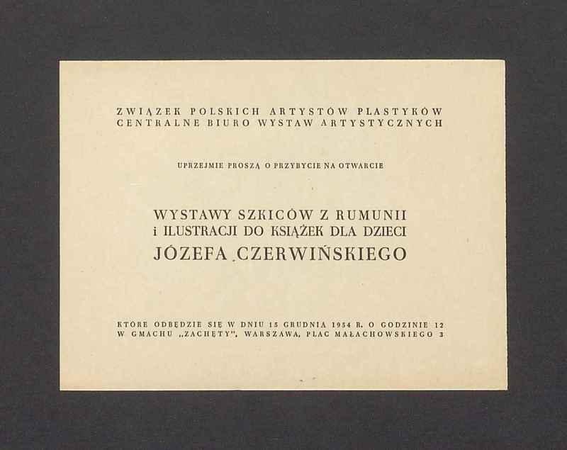Zaproszenie na otwarcie wystawy szkiców z Rumunii i ilustracji do książek dla dzieci Józefa Czerwińskiego