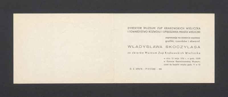 Zaproszenie na otwarcie wystawy grafiki, rysunków i akwarel Władysława Skoczylasa