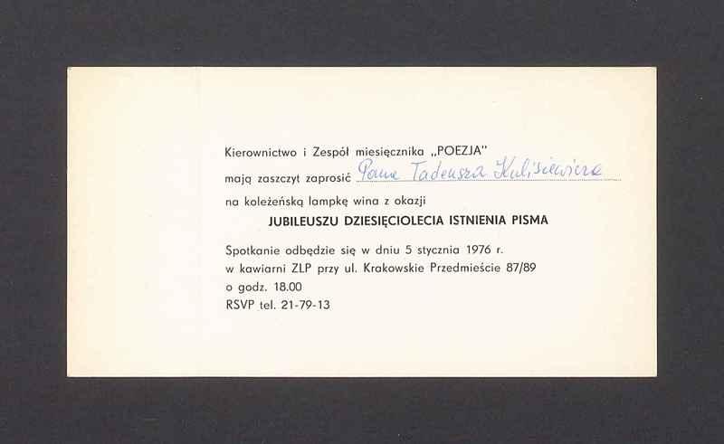 Zaproszenie na spotkanie z okazji jubileuszu dziesięciolecia powstania pisma "Poezja"