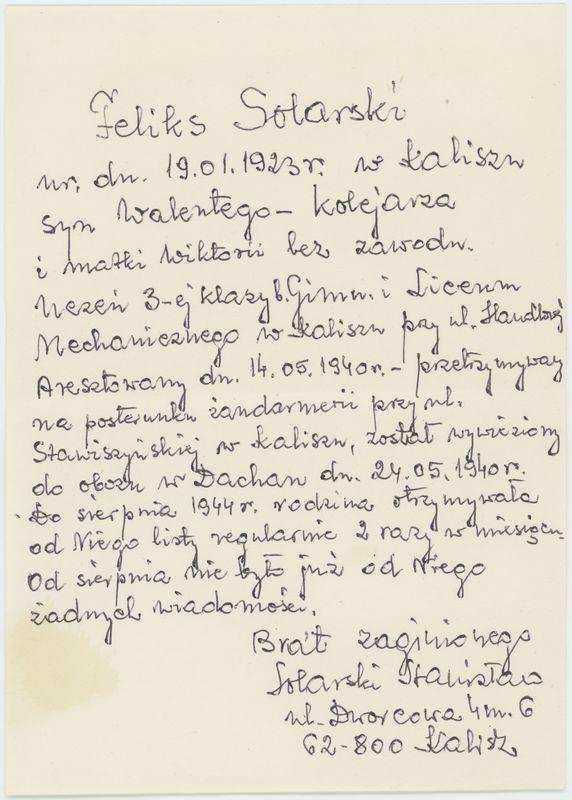List z obozu koncentracyjnego Dachau przesłany przez więźnia Feliksa Solarskiego do Walentego Solarskiego 