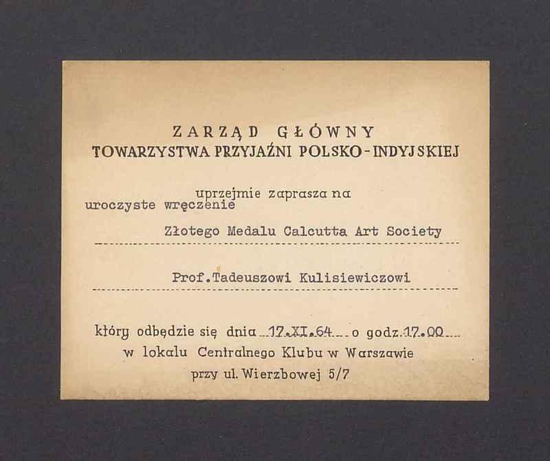 Zaproszenie na wręczenie T. Kulisiewiczowi Złotego Medalu Calcutta Art Society