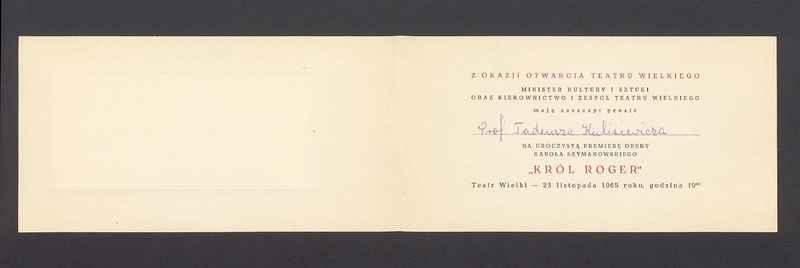 Zaproszenie na premierę opery "Król Roger"