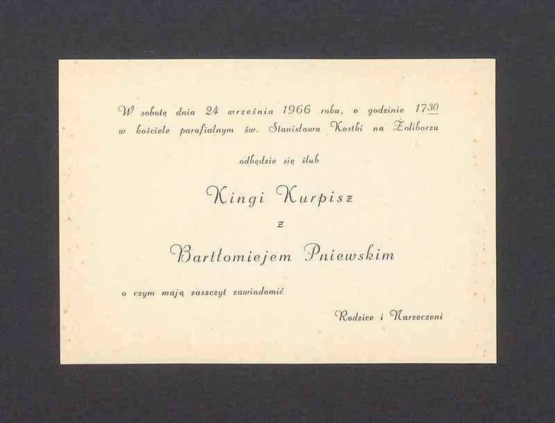 Zawiadomienie o ślubie Kingi Kurpisz z Bartłomiejem Pniewskim