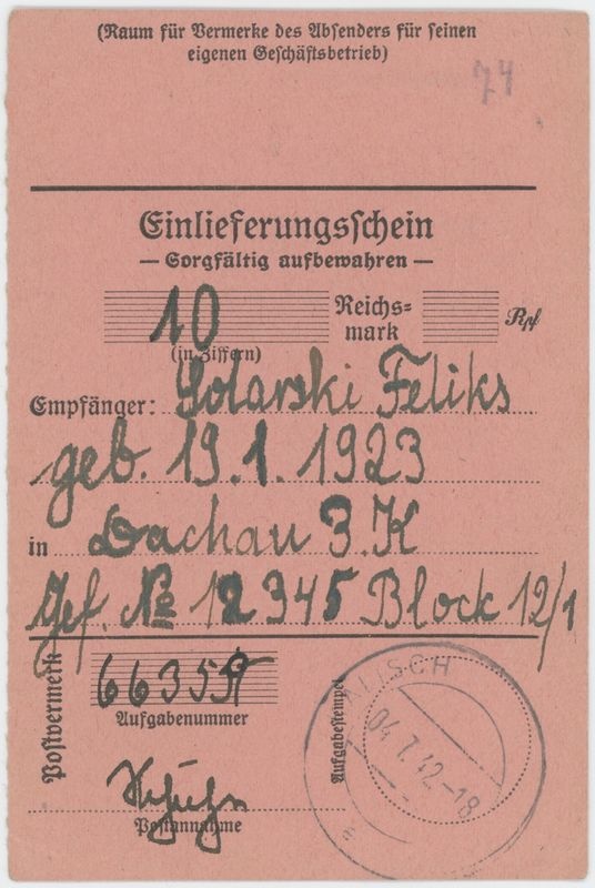 Pokwitowanie pocztowe - przekaz pieniężny Feliksa Solarskiego 