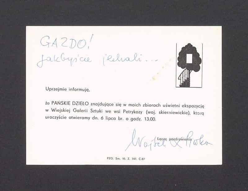 Informacja o zaprezentowaniu dzieła artysty w Wiejskiej Galerii Sztuki w Petrykozach