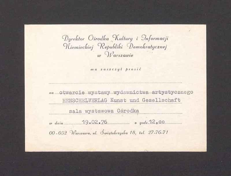 Zaproszenie na otwarcie wystawy wydawnictwa artystycznego Henschelverlag Kunst und Gesellschaft