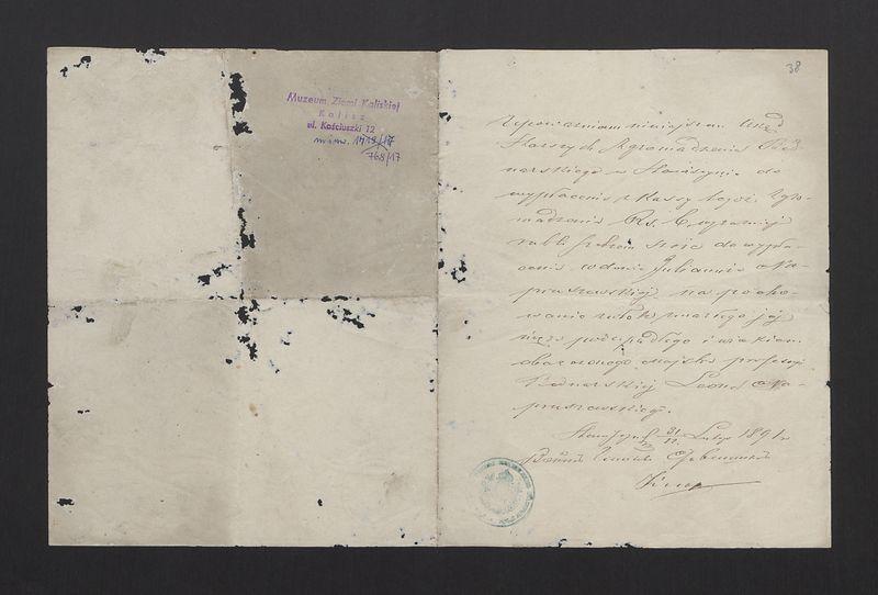 Upoważnienie skierowane do Starszych Zgromadzenia Bednarskiego w Stawiszynie do wypłaty 6 rubli wdowie Juliannie Napruszewskiej na pokrycie kosztów pogrzebu męża