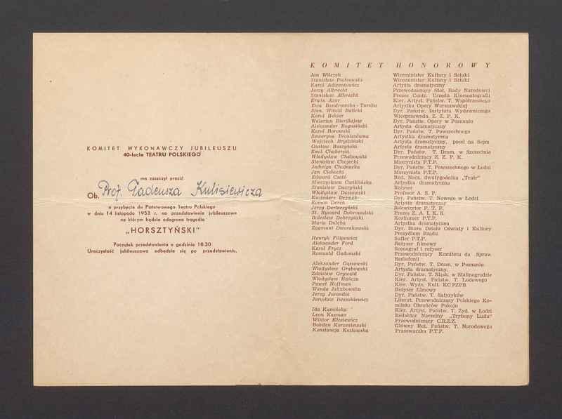 Zaproszenie do Teatru Polskiego na przedstawienie "Horsztyński"