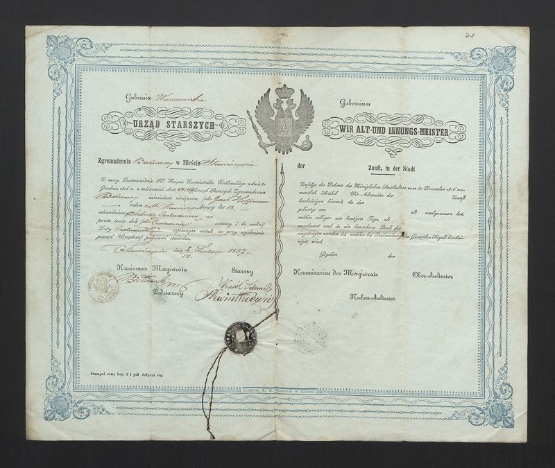 Dyplom wyzwolenia czeladnika Cechu Bednarskiego w Stawiszynie