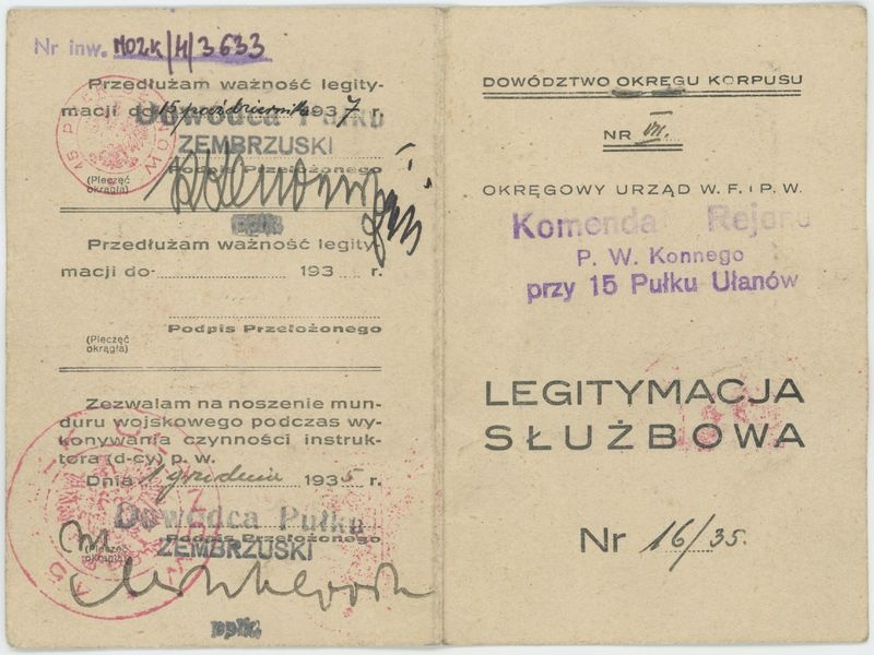 Legitymacja służbowa wystawiona przez komendę Rejonu P.W. Konnego przy 15 Pułku Ułanów na nazwisko Kazimierza Głębowskiego  