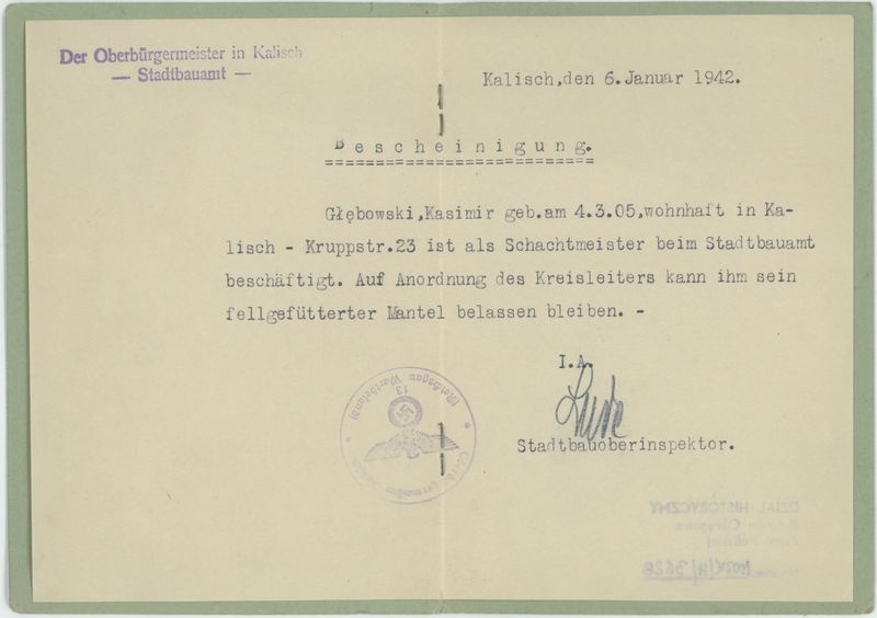 Przepustka na nazwisko Kazimierza Głębowskiego 