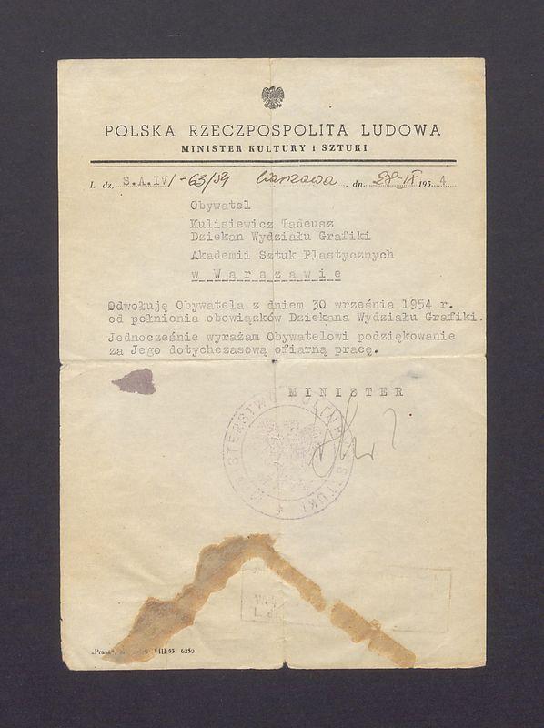 Odwołanie T. Kulisiewicza od pełnienia obowiązków Dziekana Wydziału Grafiki