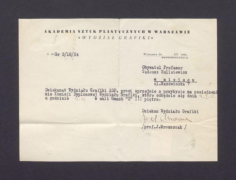 Prośba o przybycie na posiedzenie Komisji Dyplomowej Wydziału Grafiki Akademii Sztuk Plastycznych w Warszawie