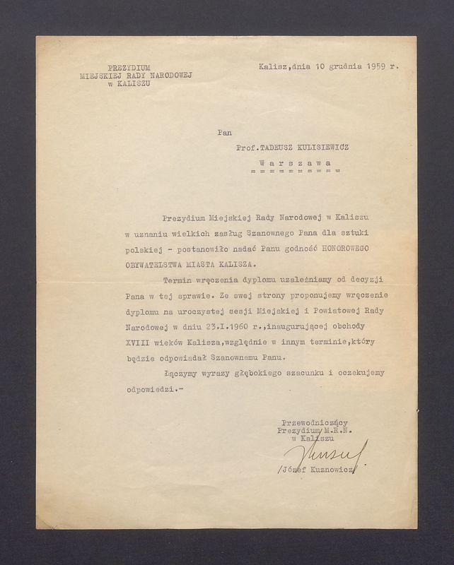 Prezydium Miejskiej Rady Narodowej w Kaliszu w uznaniu wielkich zasług [...]