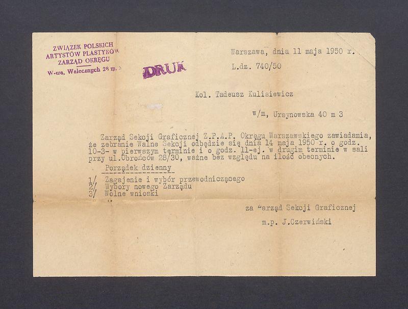 Związek Polskich Artystów Plastyków: zawiadomienie o walnym zebraniu sekcji graficznej