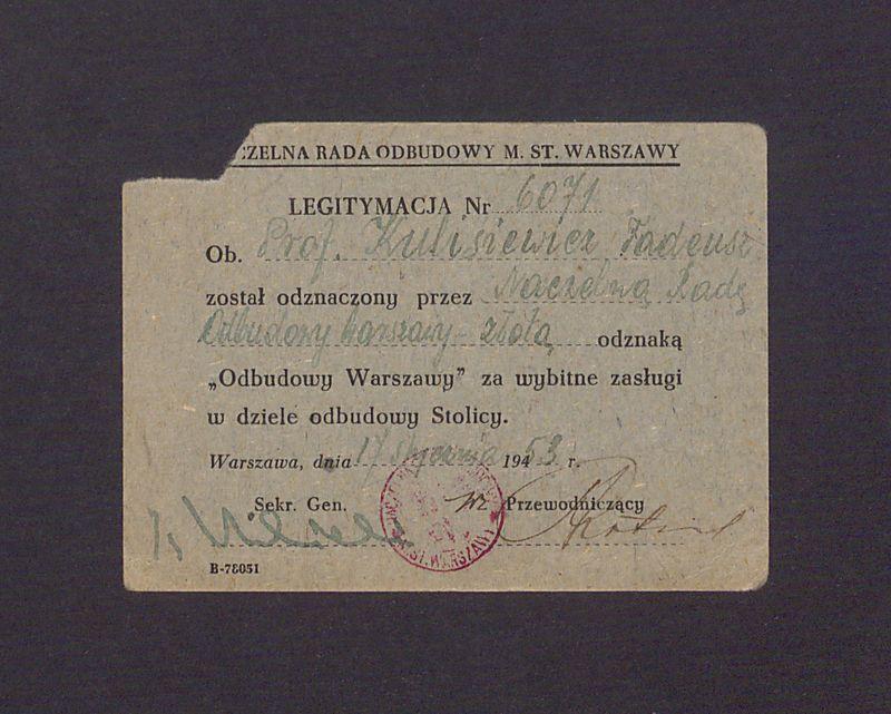 Legitymacja potwierdzająca odznaczenie T. Kulisiewicza odznaką "Odbudowy Warszawy"