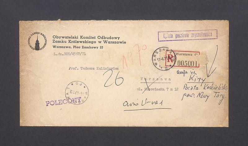 Koperta, nad. Obywatelski Komitet Odbudowy Zamku Królewskiego w Warszawie