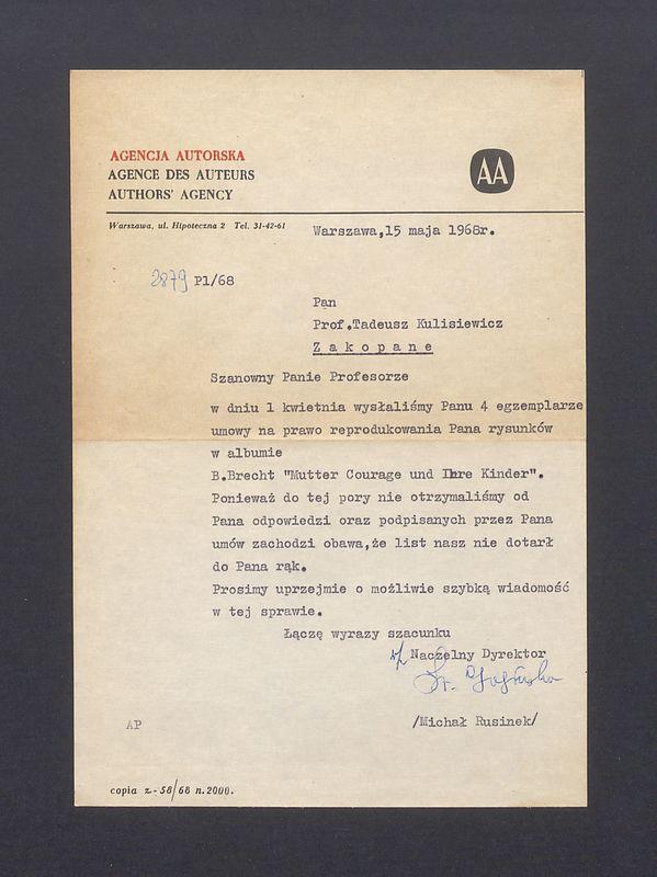 Agencja Autorska: przypomnienie o wysłanych egzemplarzach umowy do "Matki Courage"