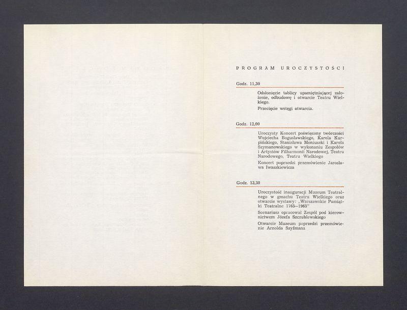 Zaproszenie na uroczystości otwarcia odbudowanego Teatru Narodowego w Warszawie; program uroczystości