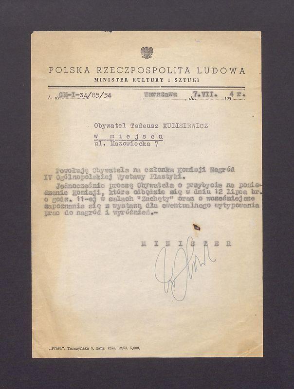 Minister Kultury i Sztuki: powołanie na członka Komisji Nagród IV Ogólnopolskiej Wystawy Plastyki