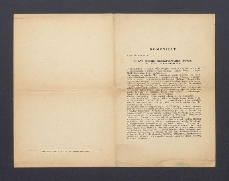 Komunikat ws. wystaw "20 lat Polskiej Rzeczypospolitej Ludowej w twórczości plastycznej"