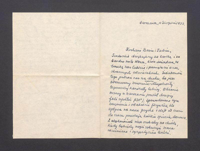Kochani Basiu i Tadziu, Serdecznie dziękujemy za kartkę [...]