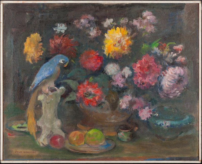 Chryzantemy i papuga