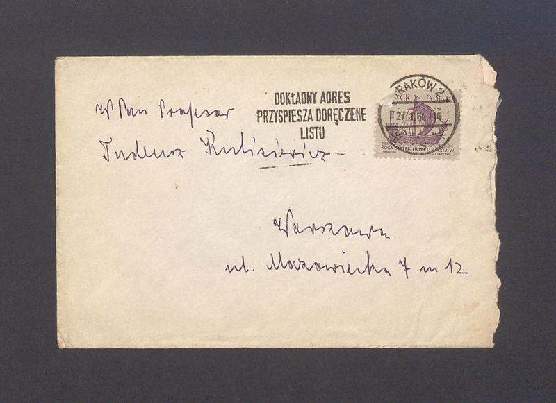 Koperta, adr. W. Pan Profesor Tadeusz Kulisiewicz