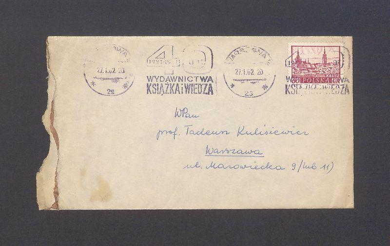 Koperta, adr. W. Pan prof. Tadeusz Kulisiewicz