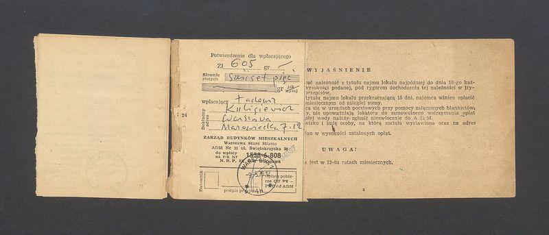 Książeczka opłat z tytułu najmu lokalu w Warszawie, na ulicy Mazowieckiej 7 m.12, część I