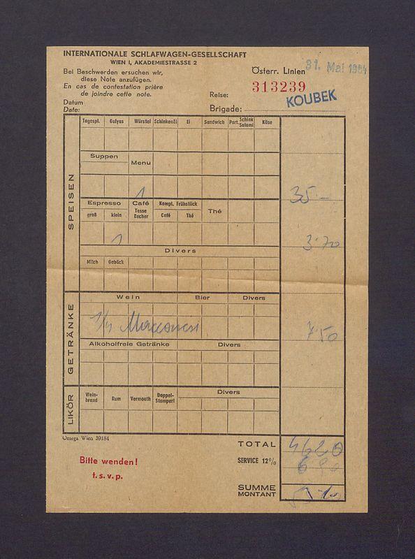 Rachunek za napoje spożyte w wagonie sypialnym austriackich kolei państwowych