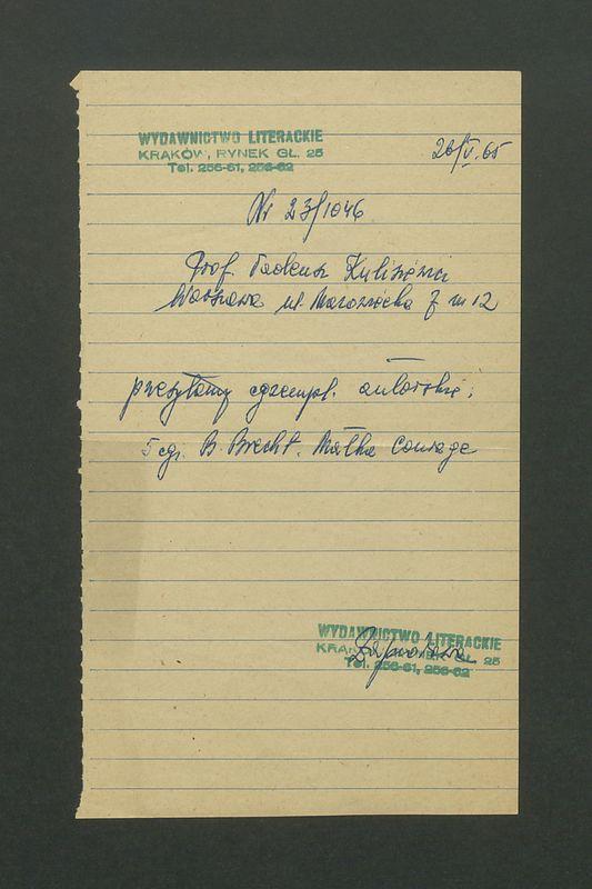 Potwierdzenie przesłania egzemplarza autorskiego "Matka Courage" B. Brechta