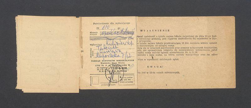 Książeczka opłat z tytułu najmu lokalu w Warszawie, na ulicy Mazowieckiej 7 m.12, część I