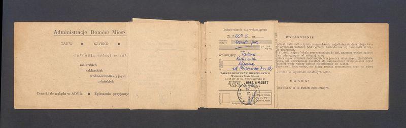 Książeczka opłat z tytułu najmu lokalu w Warszawie na ulicy Mazowieckiej 7 m.12, część I