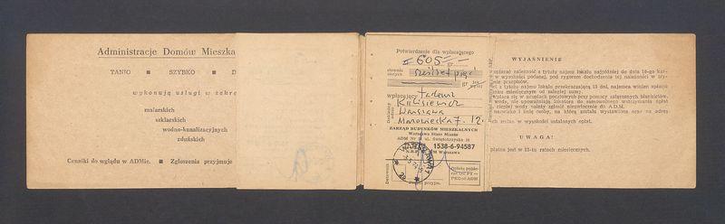 Książeczka opłat z tytułu najmu lokalu w Warszawie na ulicy Mazowieckiej 7 m.12, część I