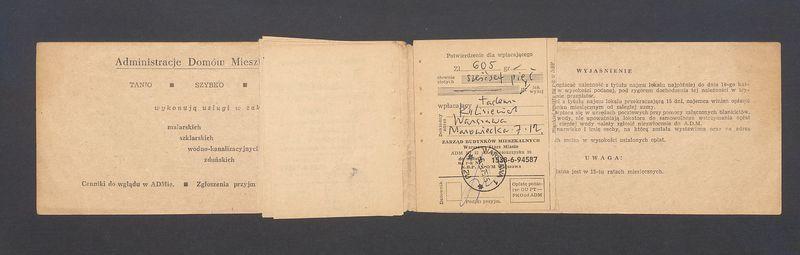 Książeczka opłat z tytułu najmu lokalu w Warszawie na ulicy Mazowieckiej 7 m.12, część I