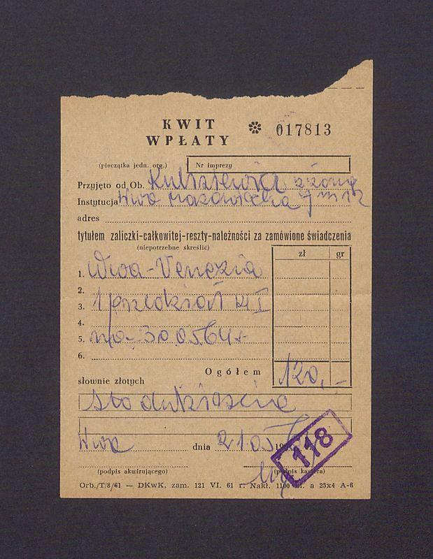 Kwit wpłaty na przejazd (wraz z żoną) z Warszawy do Wenecji pociągiem