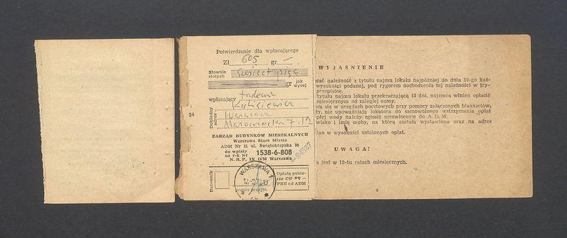 Książeczka opłat z tytułu najmu lokalu w Warszawie, na ulicy Mazowieckiej 7 m.12, część I