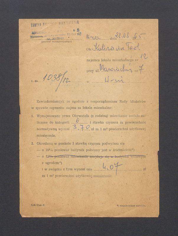 Zawiadomienie o zmianie czynszu najmu za lokal mieszkalny, przy ul. Mazowieckiej 7/12 w Warszawie