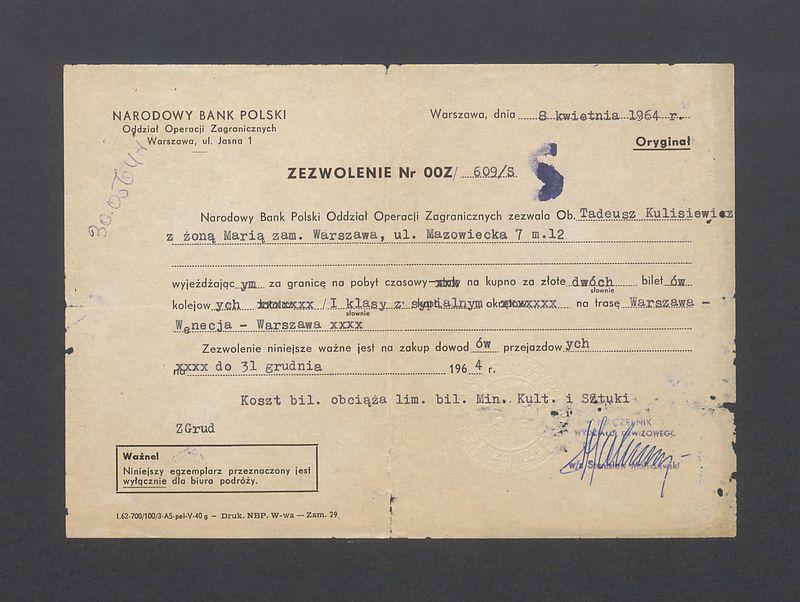 Zezwolenie z Narodowego Banku Polskiego na kupno biletów kolejowych na trasie Warszawa-Wenecja-Warszawa