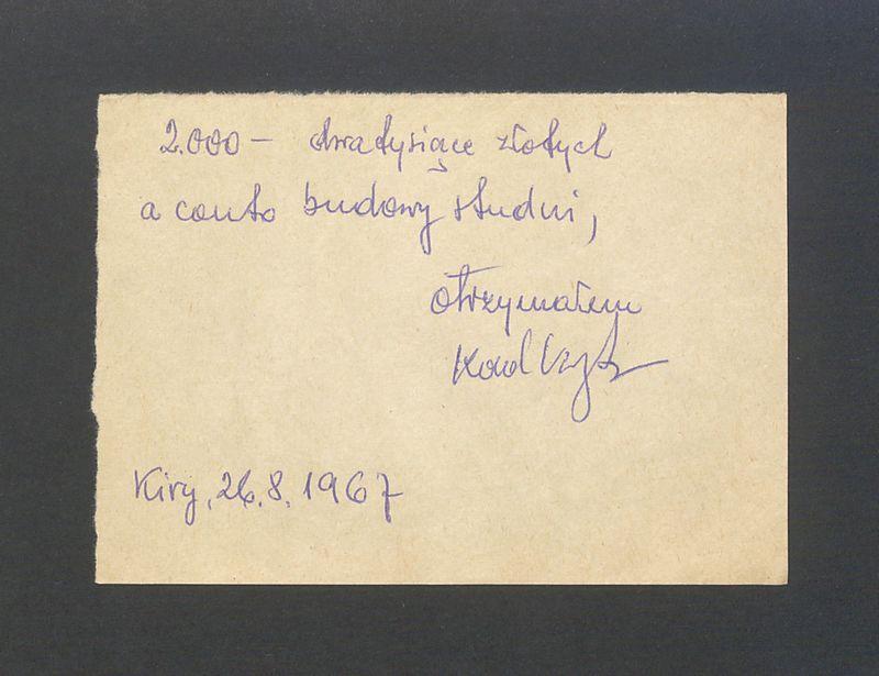 Potwierdzenie otrzymania kwoty 2000 zł a conto budowy studni