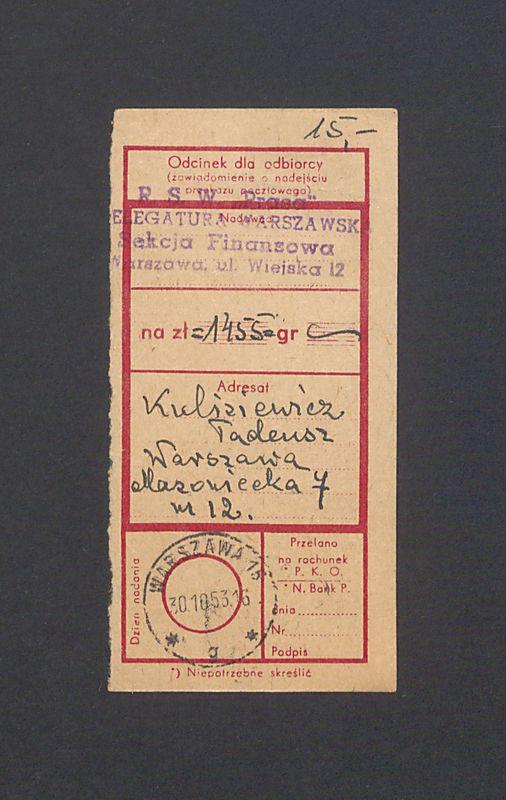 Odcinek dla odbiorcy dot. wpłat na rachunek bankowy, część II